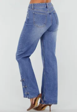 Blauwe Denim Straight Leg Jeans met Knoopbandjes aan de Broekspijpen