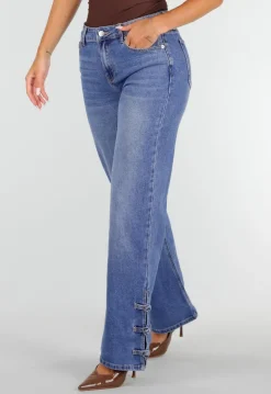 Blauwe Denim Straight Leg Jeans met Knoopbandjes aan de Broekspijpen