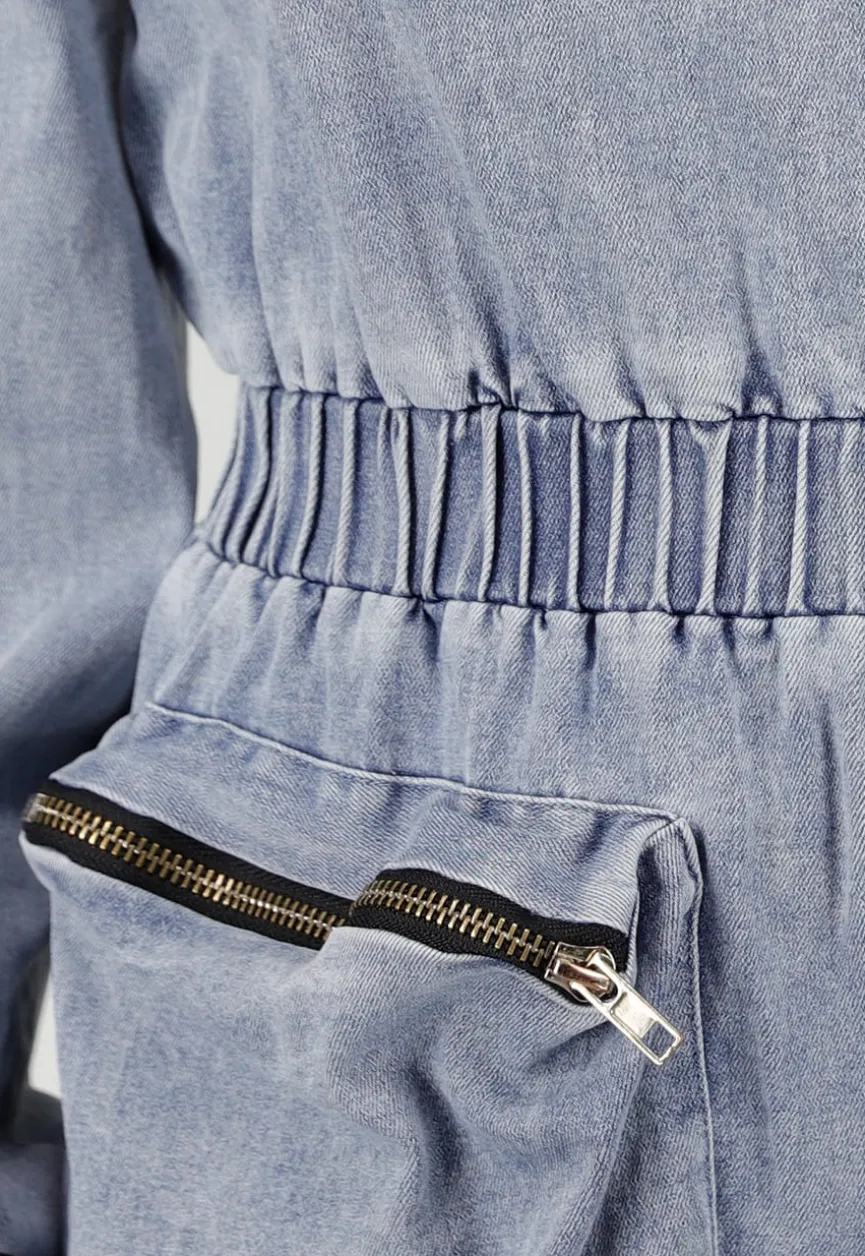 Blauwe Denim Stretch Off Schoulder Playsuit met Tailleband en Zakken met Ritssluiting