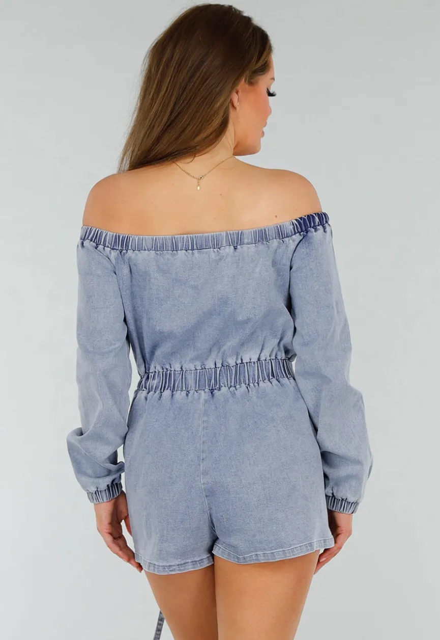 Blauwe Denim Stretch Off Schoulder Playsuit met Tailleband en Zakken met Ritssluiting