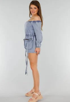 Blauwe Denim Stretch Off Schoulder Playsuit met Tailleband en Zakken met Ritssluiting