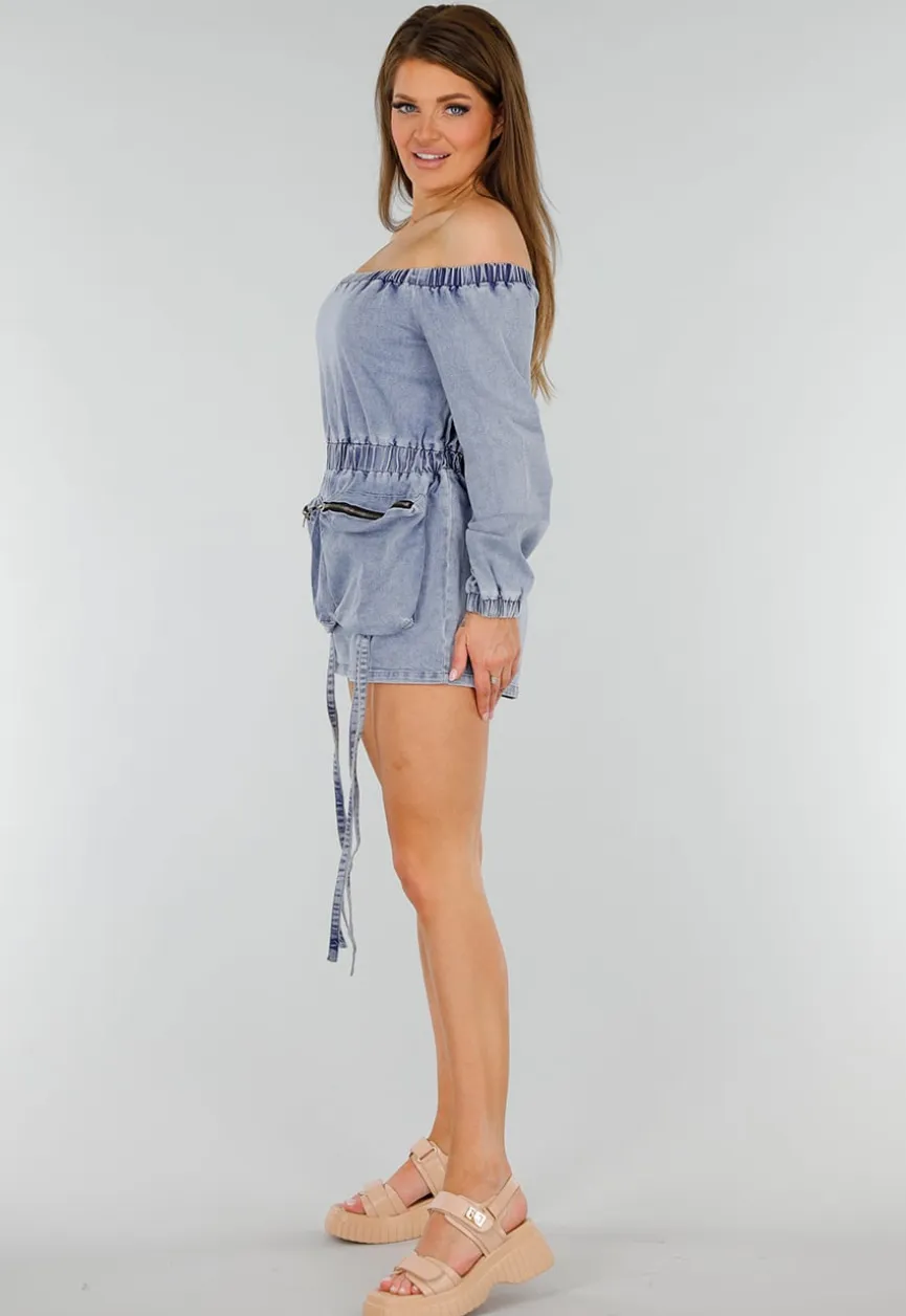 Blauwe Denim Stretch Off Schoulder Playsuit met Tailleband en Zakken met Ritssluiting