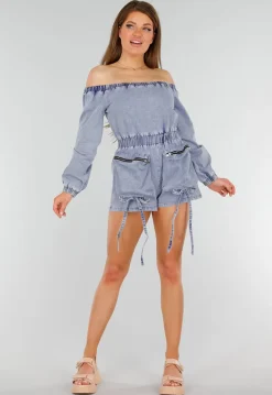 Blauwe Denim Stretch Off Schoulder Playsuit met Tailleband en Zakken met Ritssluiting
