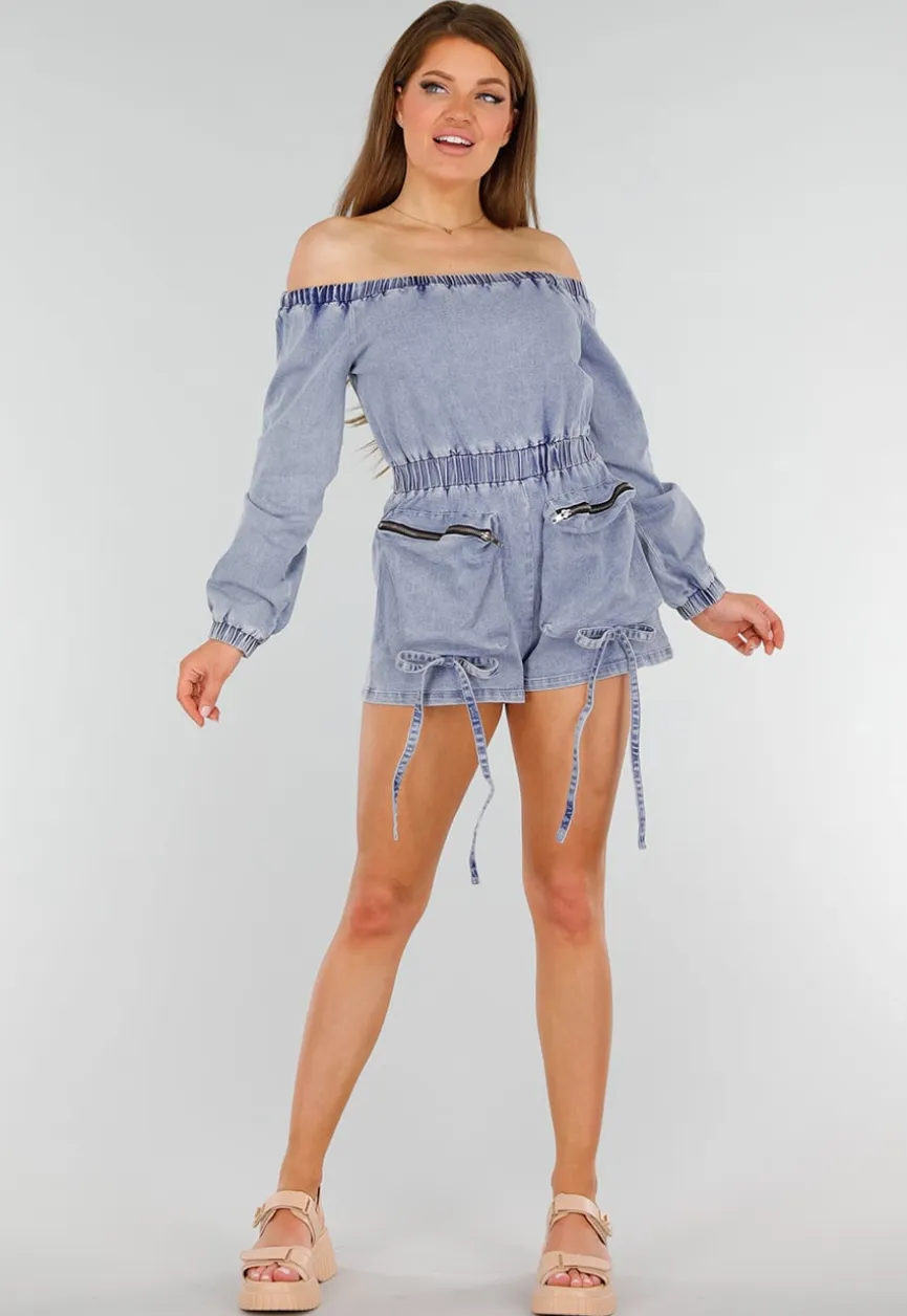 Blauwe Denim Stretch Off Schoulder Playsuit met Tailleband en Zakken met Ritssluiting