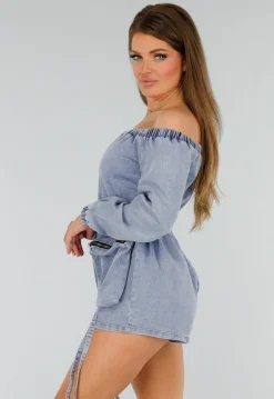 Blauwe Denim Stretch Off Schoulder Playsuit met Tailleband en Zakken met Ritssluiting