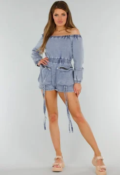 Blauwe Denim Stretch Off Schoulder Playsuit met Tailleband en Zakken met Ritssluiting