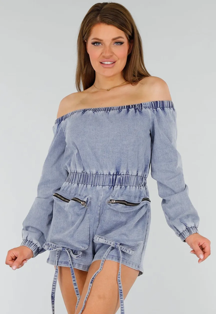 Blauwe Denim Stretch Off Schoulder Playsuit met Tailleband en Zakken met Ritssluiting