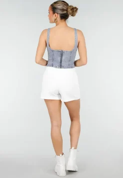 Blauwe Denim Top met Brede Bandjes en Getailleerde Pasvorm