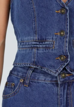 Blauwe Denim Two Piece Set met Halter Gilet en Wide Leg Jeans Voor Dames