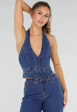 Blauwe Denim Two Piece Set met Halter Gilet en Wide Leg Jeans Voor Dames