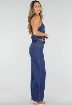Blauwe Denim Two Piece Set met Halter Gilet en Wide Leg Jeans Voor Dames