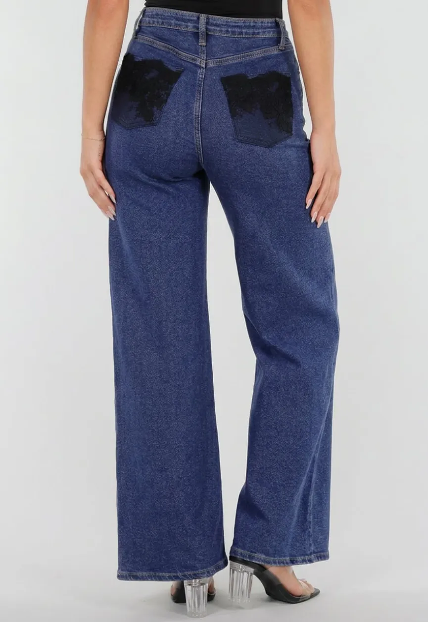 Blauwe Denim Wide Leg Jeans met Zwarte Kanten Achterzakken