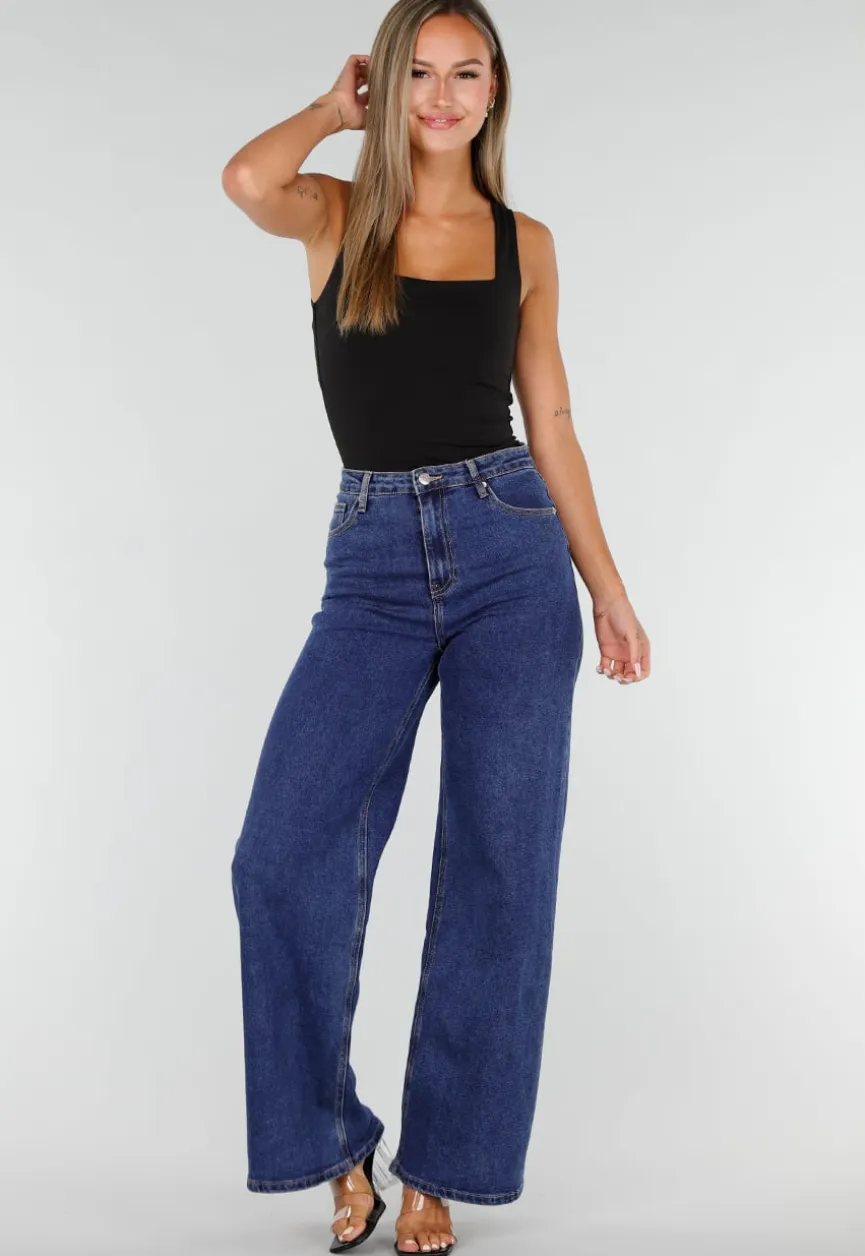 Blauwe Denim Wide Leg Jeans met Zwarte Kanten Achterzakken