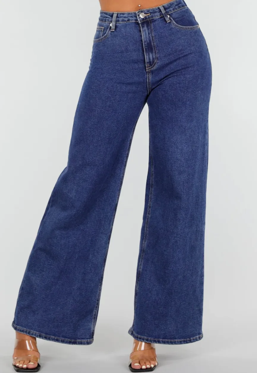 Blauwe Denim Wide Leg Jeans met Zwarte Kanten Achterzakken