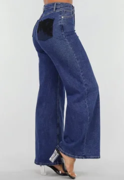 Blauwe Denim Wide Leg Jeans met Zwarte Kanten Achterzakken