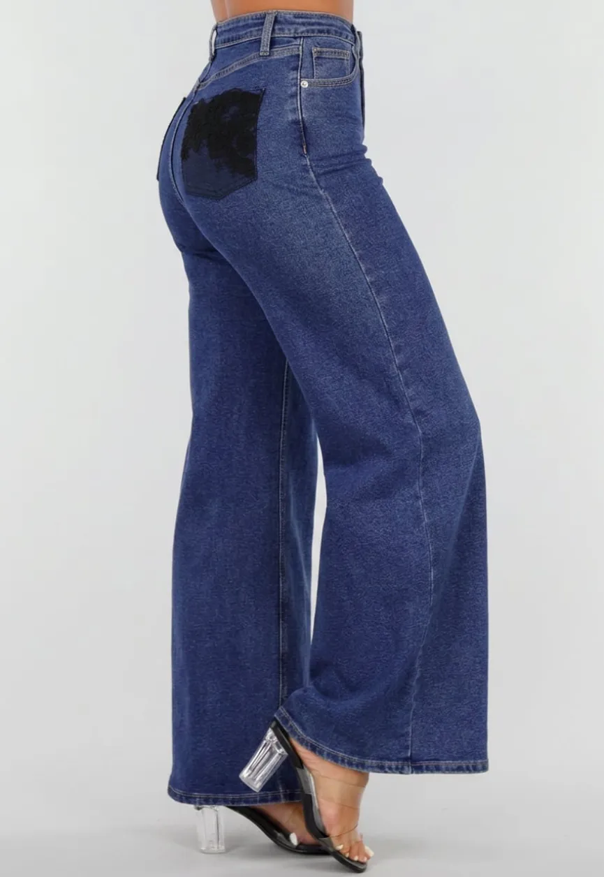 Blauwe Denim Wide Leg Jeans met Zwarte Kanten Achterzakken