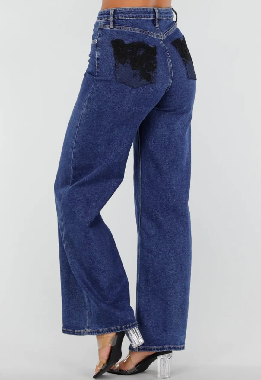 Blauwe Denim Wide Leg Jeans met Zwarte Kanten Achterzakken