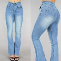 Blauwe Flared Jeans met Omgeslagen Taille