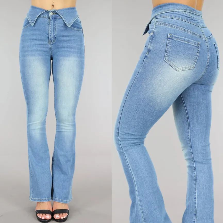 Blauwe Flared Jeans met Omgeslagen Taille