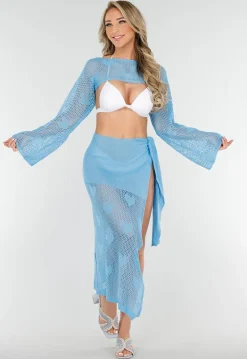 Blauwe Gehaakte Cover-Up Set met Hartjesmotief en Bijpassende Bolero