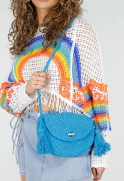Blauwe Gehaakte Schoudertas met Koordsluiting en Kwastdetails