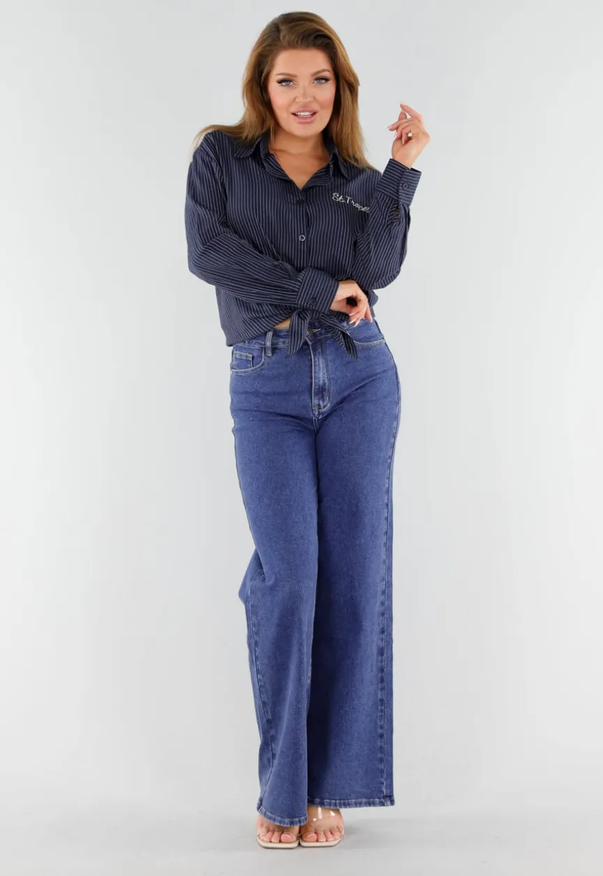 Blauwe Gestreepte Blouse met St. Tropez Borduursel Achterop