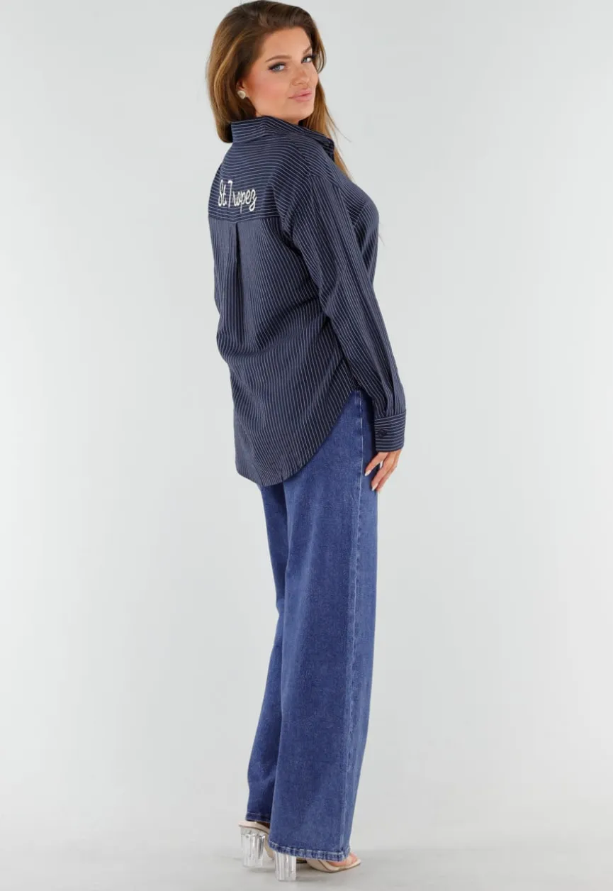 Blauwe Gestreepte Blouse met St. Tropez Borduursel Achterop