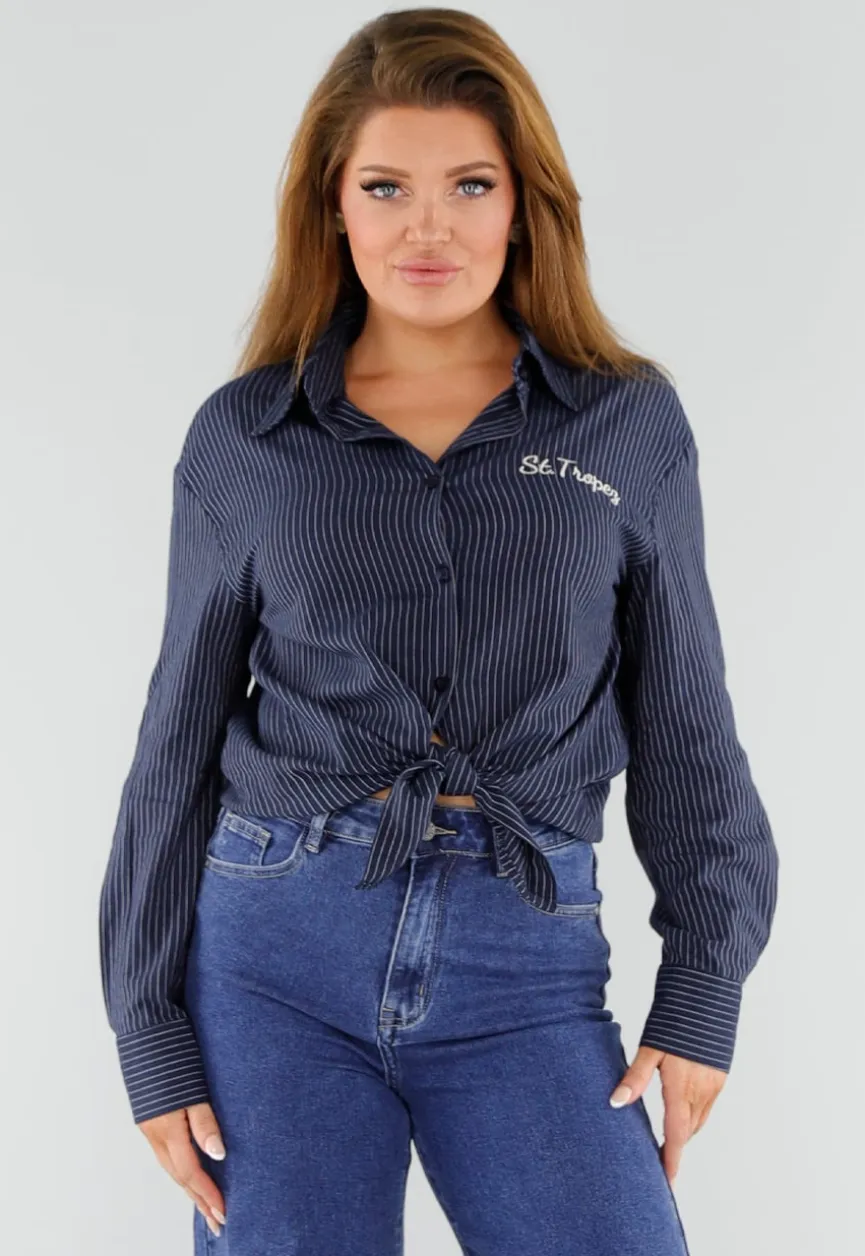 Blauwe Gestreepte Blouse met St. Tropez Borduursel Achterop