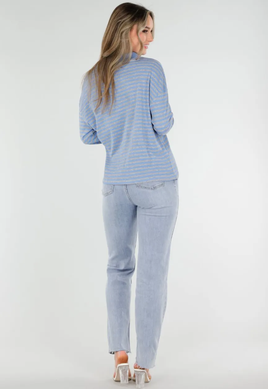 Blauwe Gestreepte Polo Longsleeve met Stretch