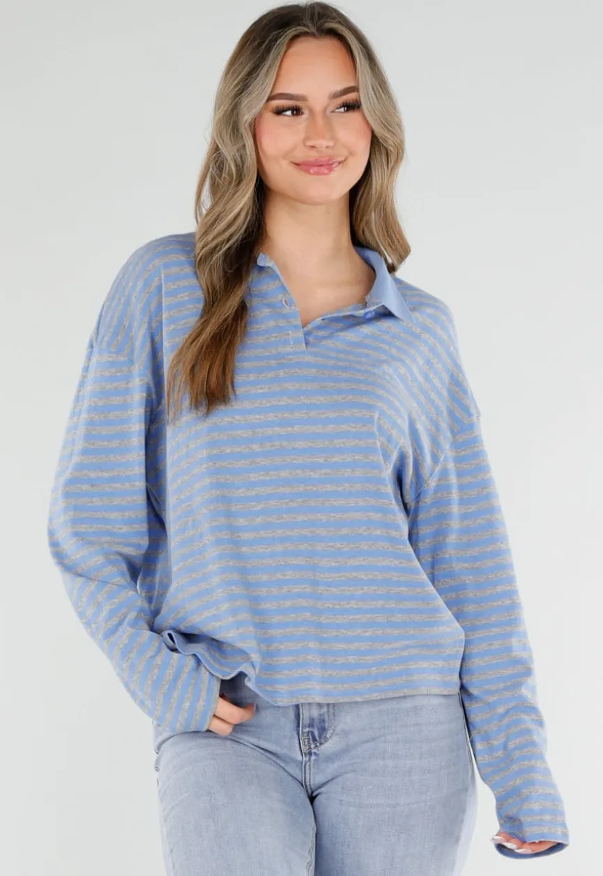 Blauwe Gestreepte Polo Longsleeve met Stretch