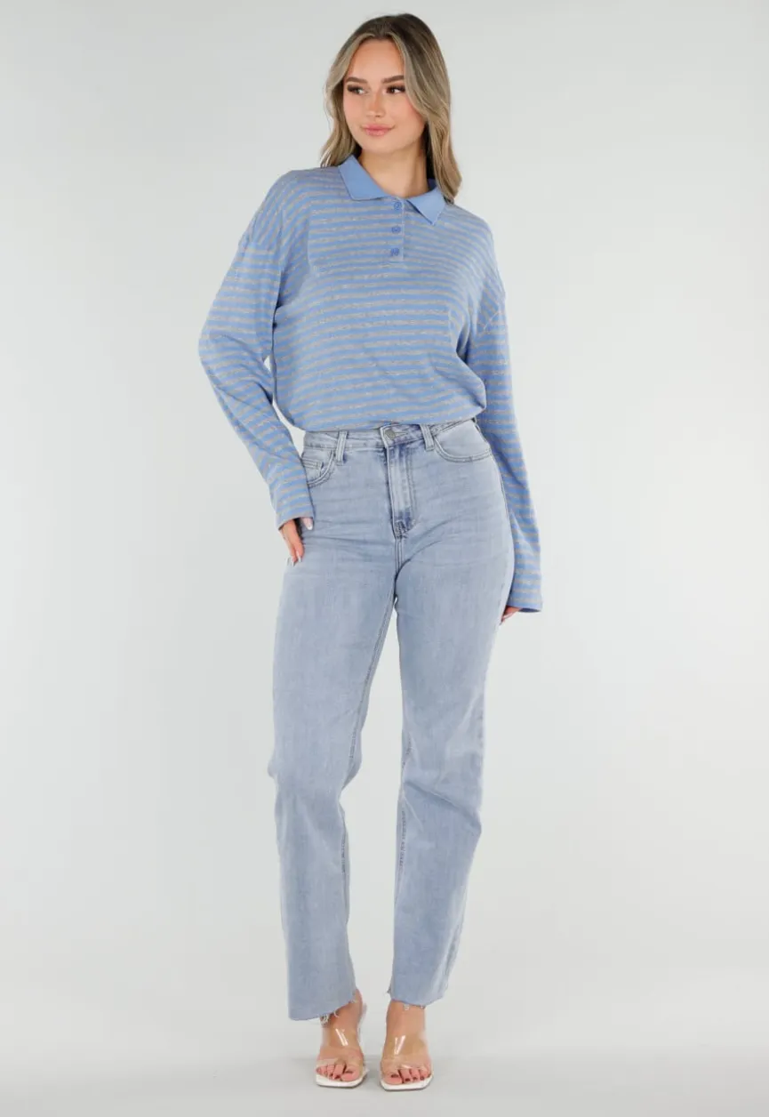 Blauwe Gestreepte Polo Longsleeve met Stretch