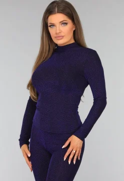 Blauwe Glitter Top met Kleine Col