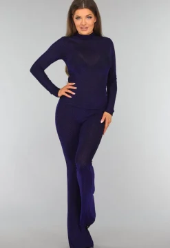 Blauwe Glitter Top met Kleine Col