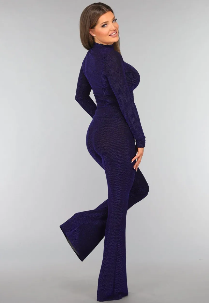 Blauwe Glitter Top met Kleine Col