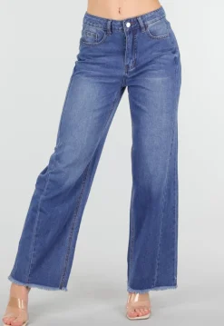 Blauwe High Waist Wide Leg Jeans met Subtiele Wassing en Rafelige Zoom
