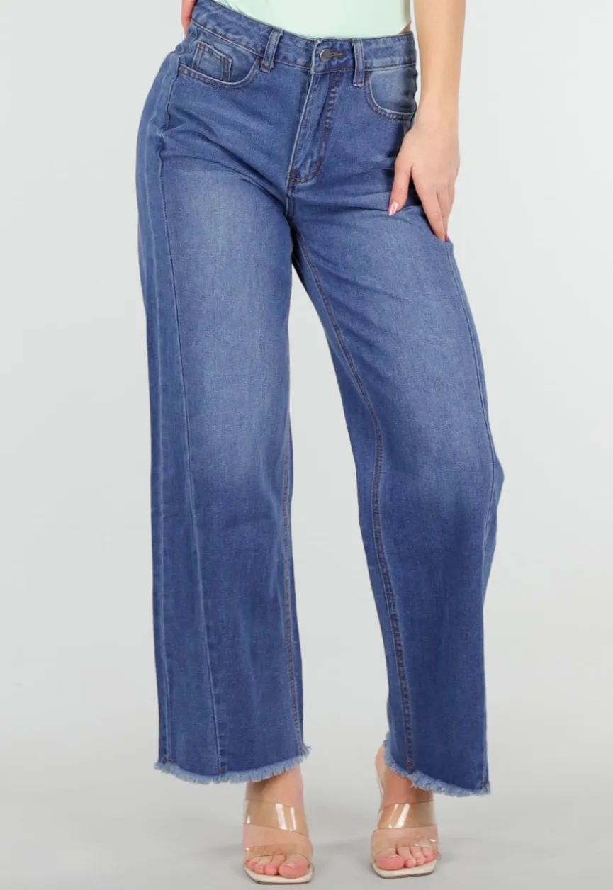 Blauwe High Waist Wide Leg Jeans met Subtiele Wassing en Rafelige Zoom