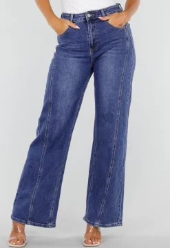 Blauwe High Waist Wide Leg Jeans met Sierstiksels en Zakken