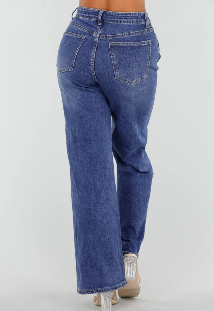 Blauwe High Waist Wide Leg Jeans met Sierstiksels en Zakken