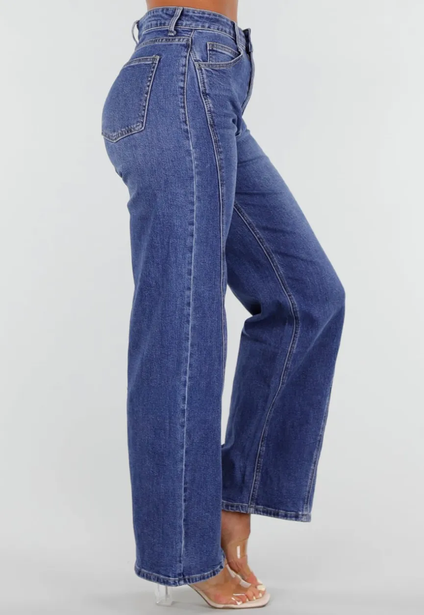 Blauwe High Waist Wide Leg Jeans met Sierstiksels en Zakken