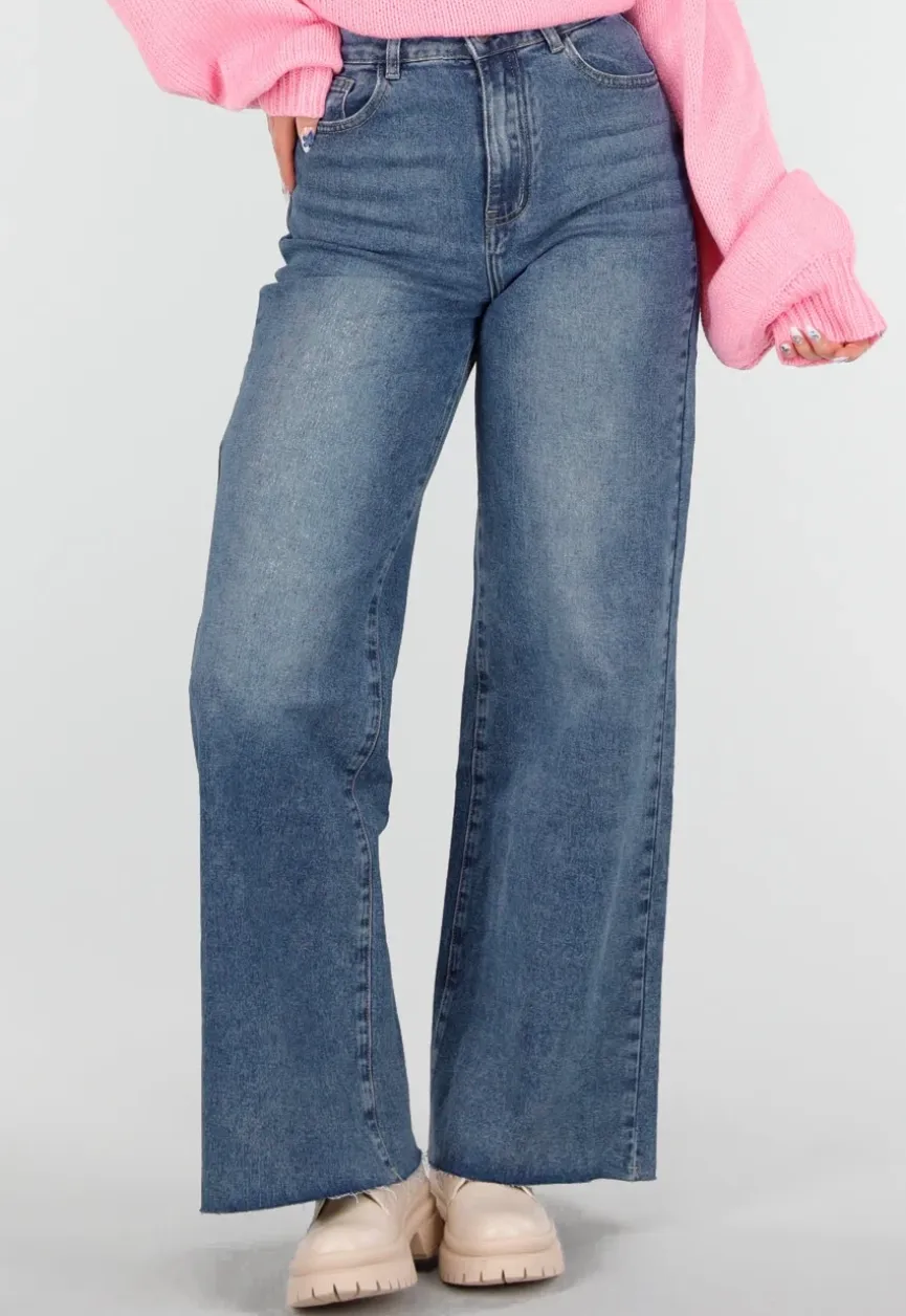 Blauwe High Waist Wide Leg Stretch Jeans met Wassing