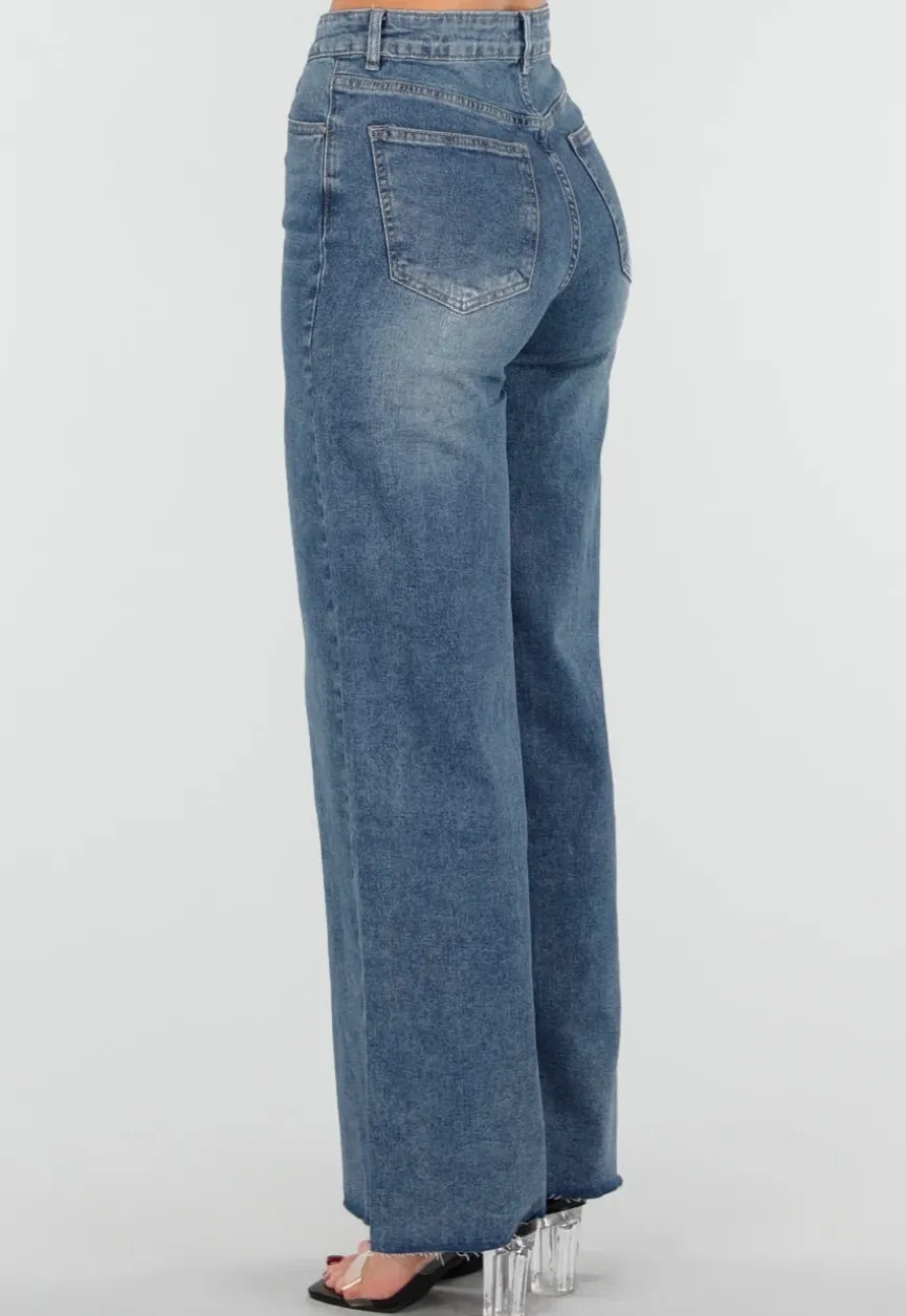 Blauwe High Waist Wide Leg Stretch Jeans met Wassing