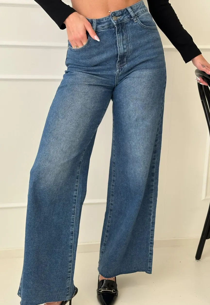 Blauwe High Waist Wide Leg Stretch Jeans met Wassing