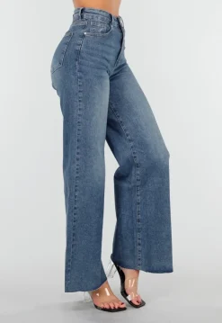 Blauwe High Waist Wide Leg Stretch Jeans met Wassing