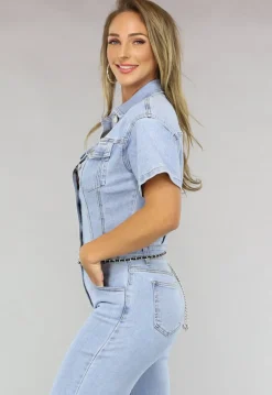 Blauwe Jeans Jumpsuit met Korte Mouwen en Straight Leg