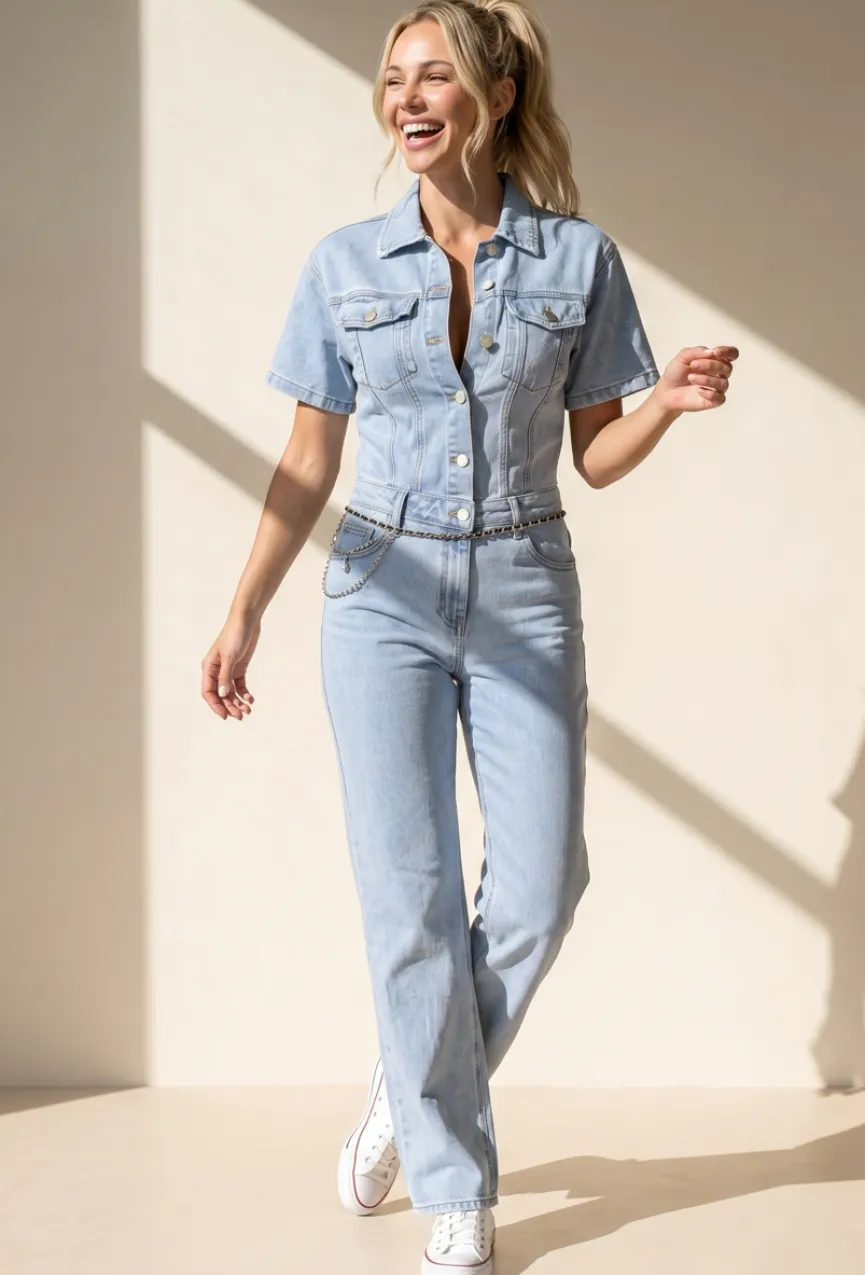Blauwe Jeans Jumpsuit met Korte Mouwen en Straight Leg