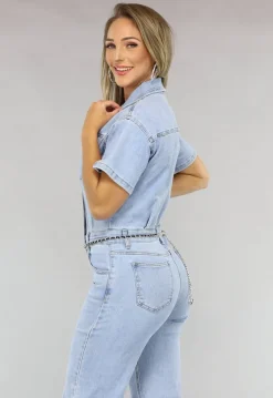 Blauwe Jeans Jumpsuit met Korte Mouwen en Straight Leg