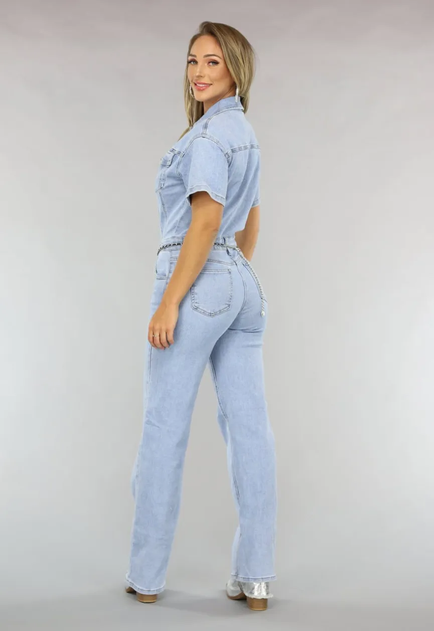 Blauwe Jeans Jumpsuit met Korte Mouwen en Straight Leg