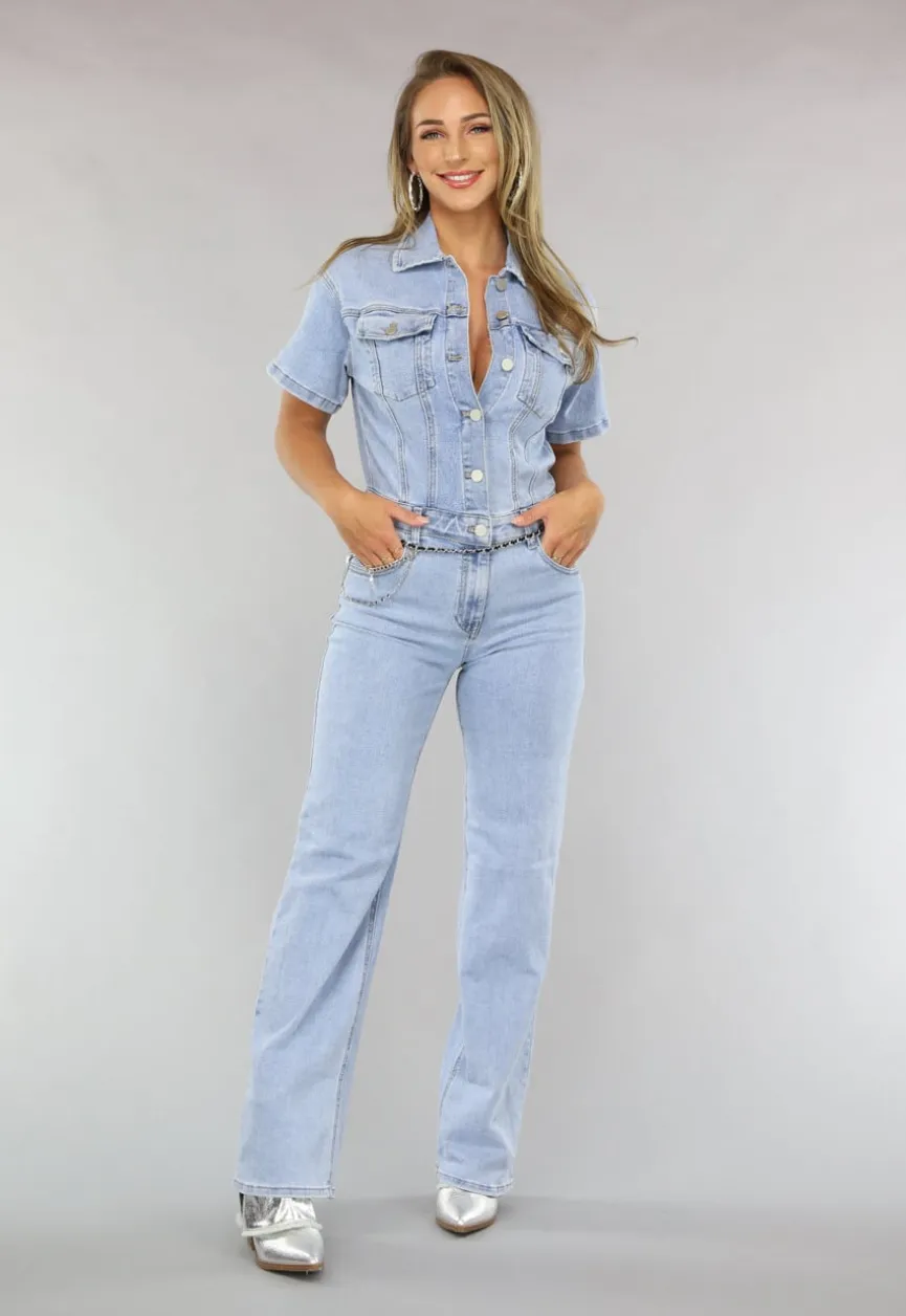 Blauwe Jeans Jumpsuit met Korte Mouwen en Straight Leg