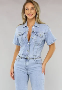 Blauwe Jeans Jumpsuit met Korte Mouwen en Straight Leg
