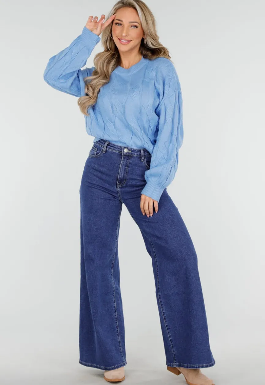 Blauwe Jeans met Hoge Taille en Wijde Rechte Pijpen